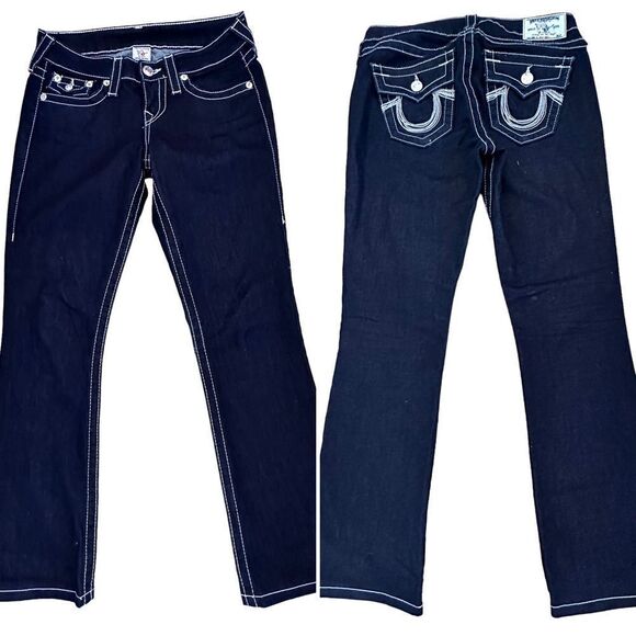 True Religion ~ Dark Wash Denim ~ White contrast stitching ~ size 26 ~ Bootcut - Picture 1 of 16